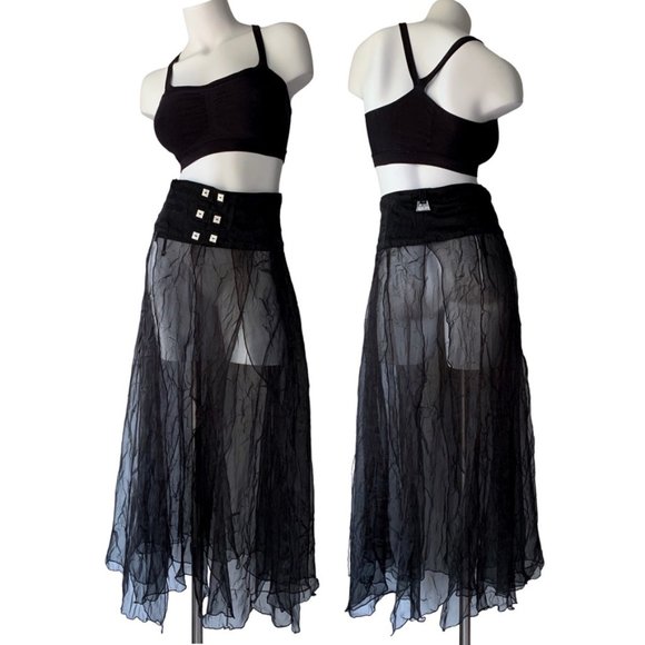 French Designer Biche de Bère vintage tiered/crinkled/plissé sheer maxi skirt - Picture 8 of 13
